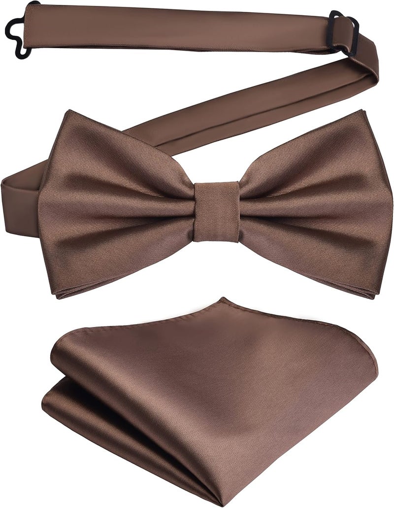 Branduce Mens Solid Color Double Fold Pre-tied Bow Tie and Pocket Square Set - Image 1